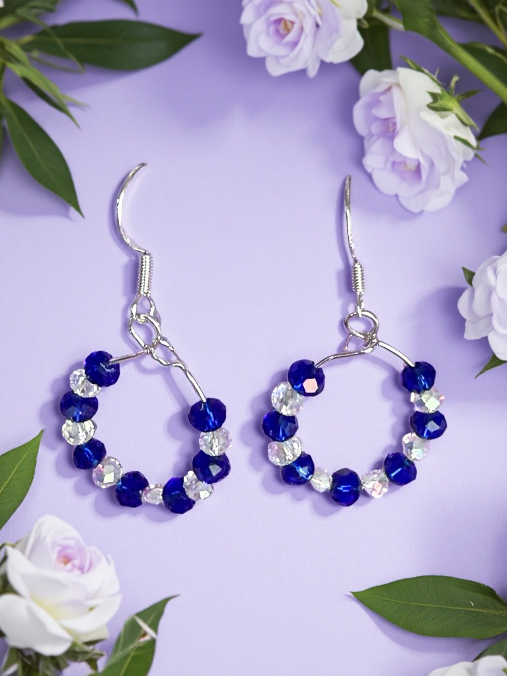 Hand Crafted Navy and Clear Crystal Hoop Earrings - Women Jewelry
